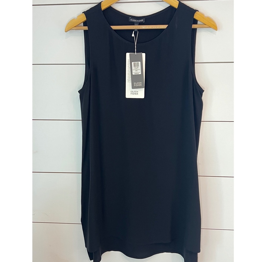 NWT Eileen Fisher Silk The Long Tank  Black Sleeveless S/P quiet luxury elevated